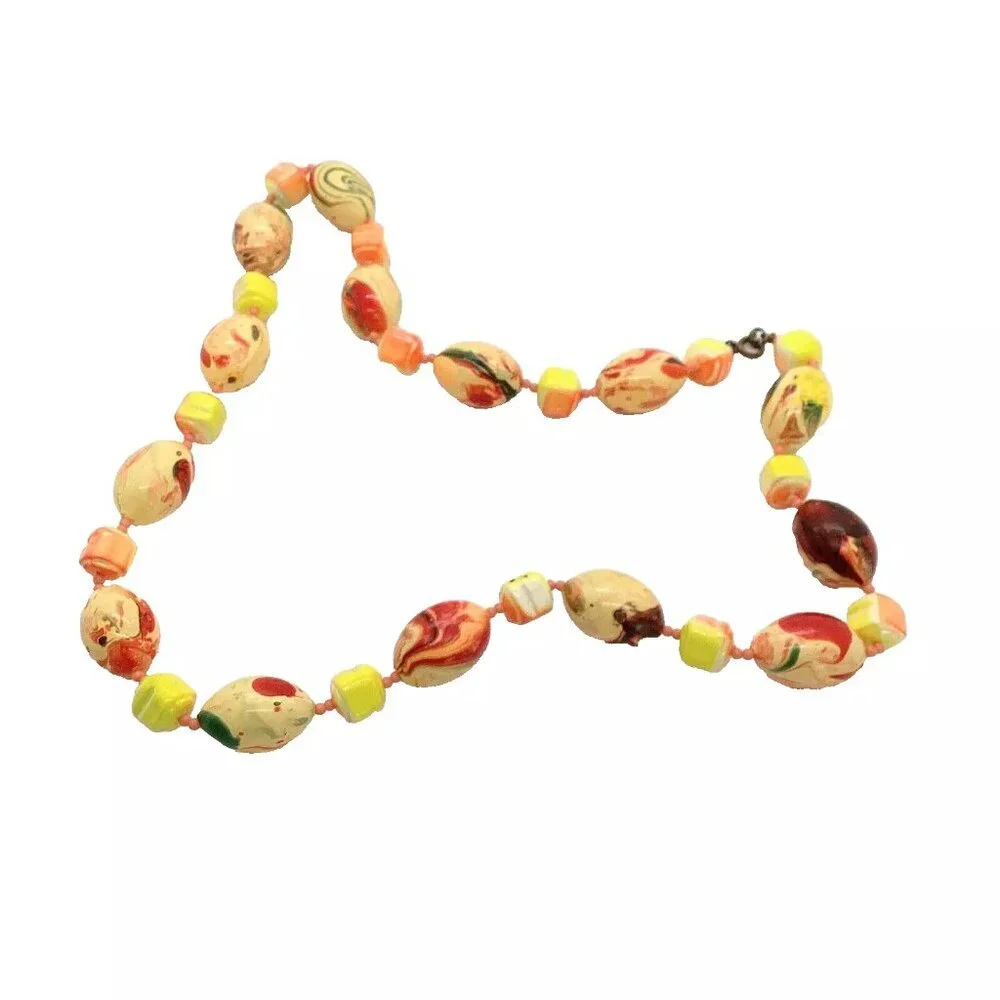 Colorful Orange & Yellow Swirl Painted Bead Necklace